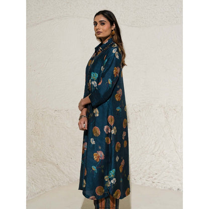 Meghna Panchmatia Navy Blue Floral Art Jacket with Top and Pant (Set of 3)
