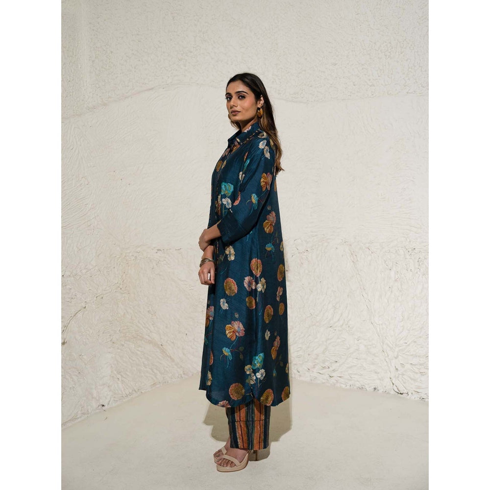 Meghna Panchmatia Navy Blue Floral Art Jacket with Top and Pant (Set of 3)