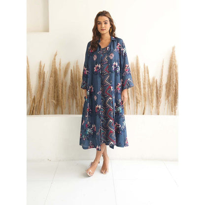 Meghna Panchmatia Navy Blue Floral Jacket with Dress (Set of 2)