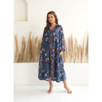 Meghna Panchmatia Navy Blue Floral Jacket with Dress (Set of 2)