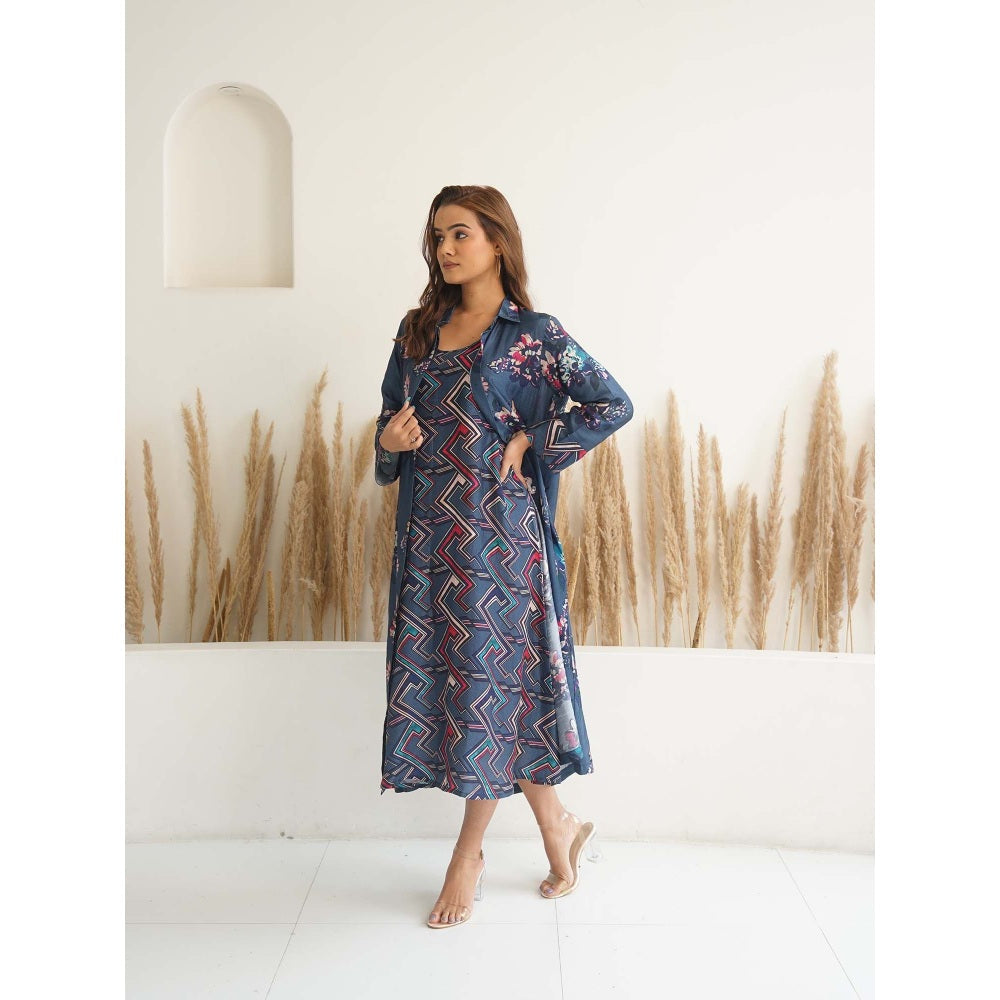 Meghna Panchmatia Navy Blue Floral Jacket with Dress (Set of 2)