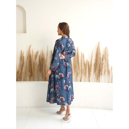 Meghna Panchmatia Navy Blue Floral Jacket with Dress (Set of 2)