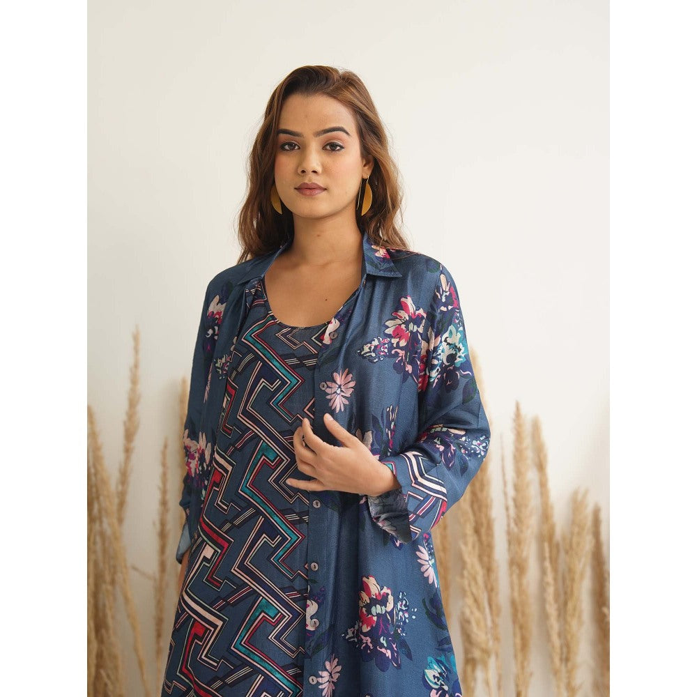 Meghna Panchmatia Navy Blue Floral Jacket with Dress (Set of 2)