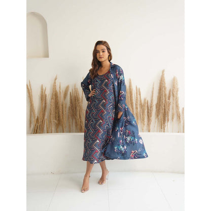 Meghna Panchmatia Navy Blue Floral Jacket with Dress (Set of 2)