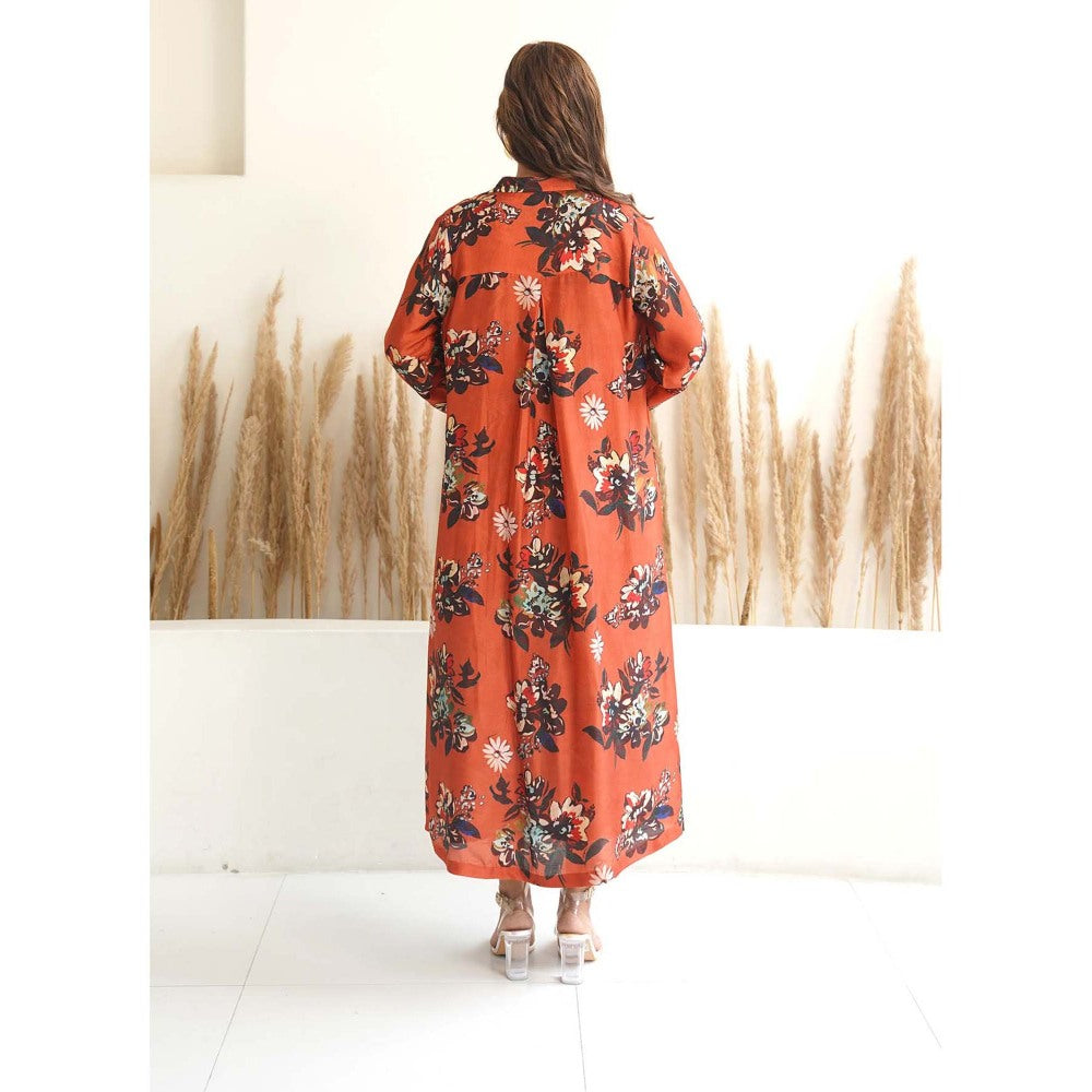 Meghna Panchmatia Orange Floral Jacket with Dress (Set of 2)