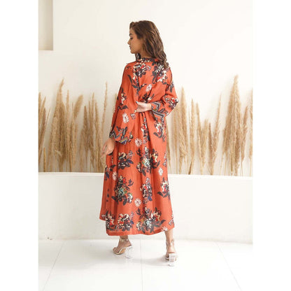Meghna Panchmatia Orange Floral Jacket with Dress (Set of 2)