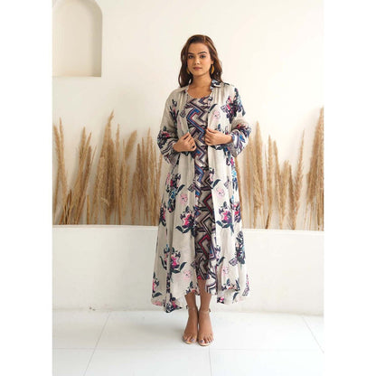 Meghna Panchmatia Beige Floral Jacket with Dress (Set of 2)