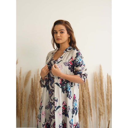 Meghna Panchmatia Beige Floral Jacket with Dress (Set of 2)