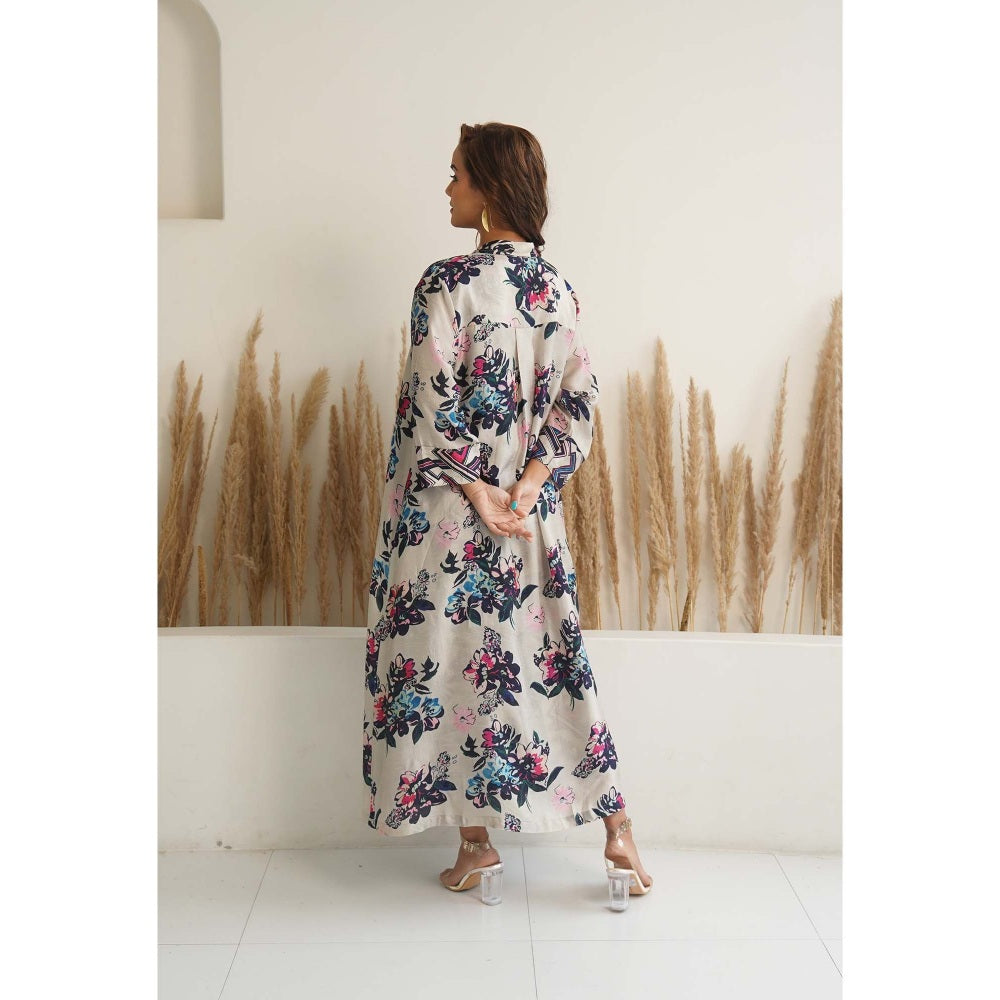 Meghna Panchmatia Beige Floral Jacket with Dress (Set of 2)