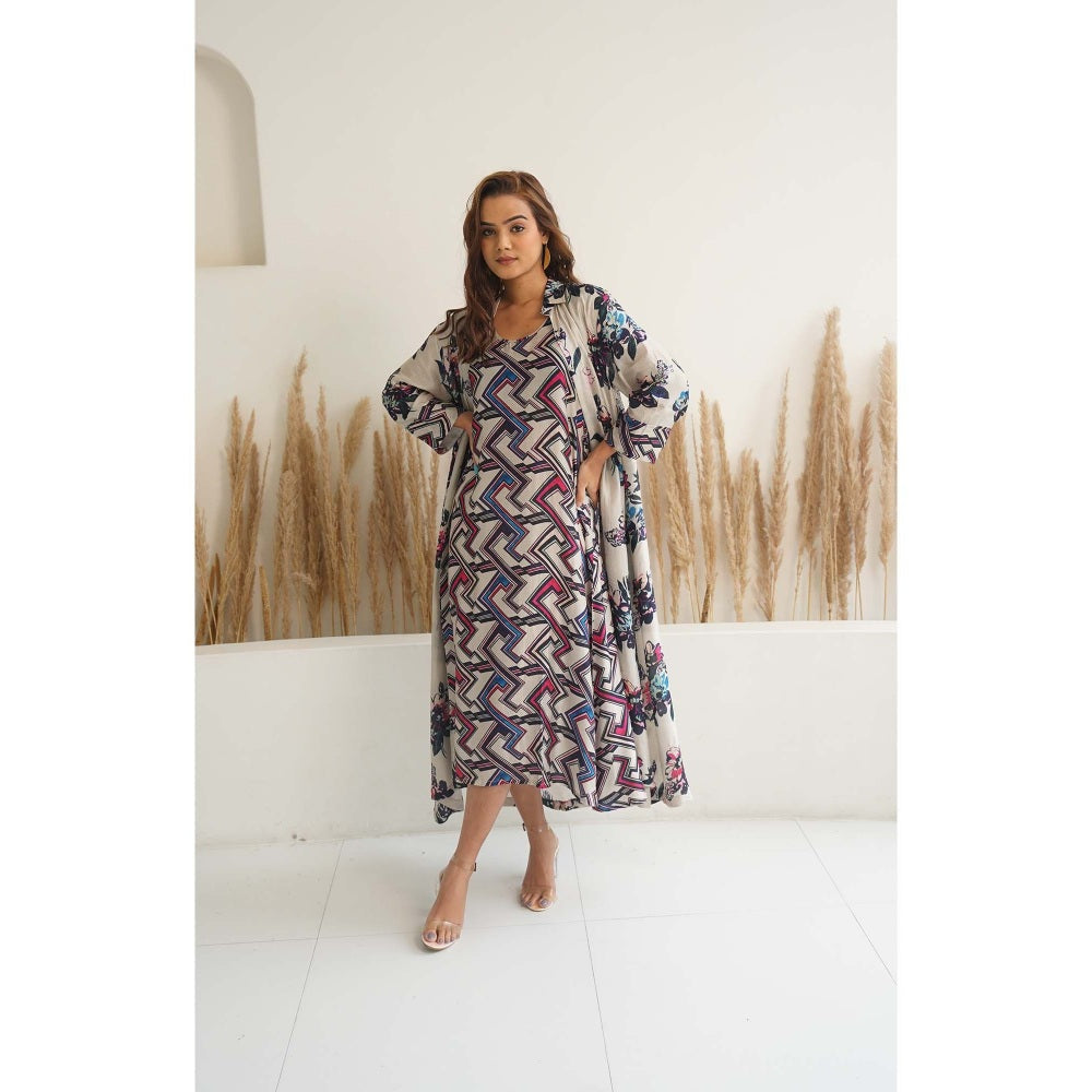 Meghna Panchmatia Beige Floral Jacket with Dress (Set of 2)