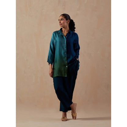 Meghna Panchmatia Teal Blue Ombre Satin Shirt with Pant (Set of 2)