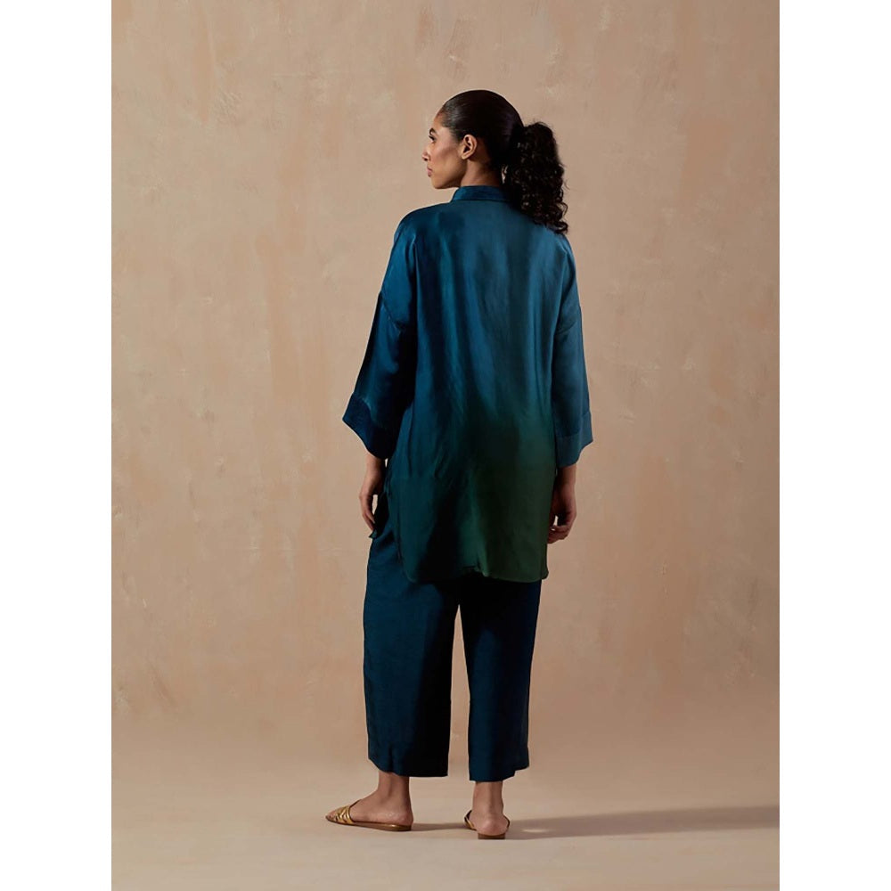 Meghna Panchmatia Teal Blue Ombre Satin Shirt with Pant (Set of 2)