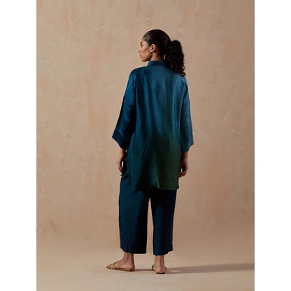 Meghna Panchmatia Teal Blue Ombre Satin Shirt with Pant (Set of 2)