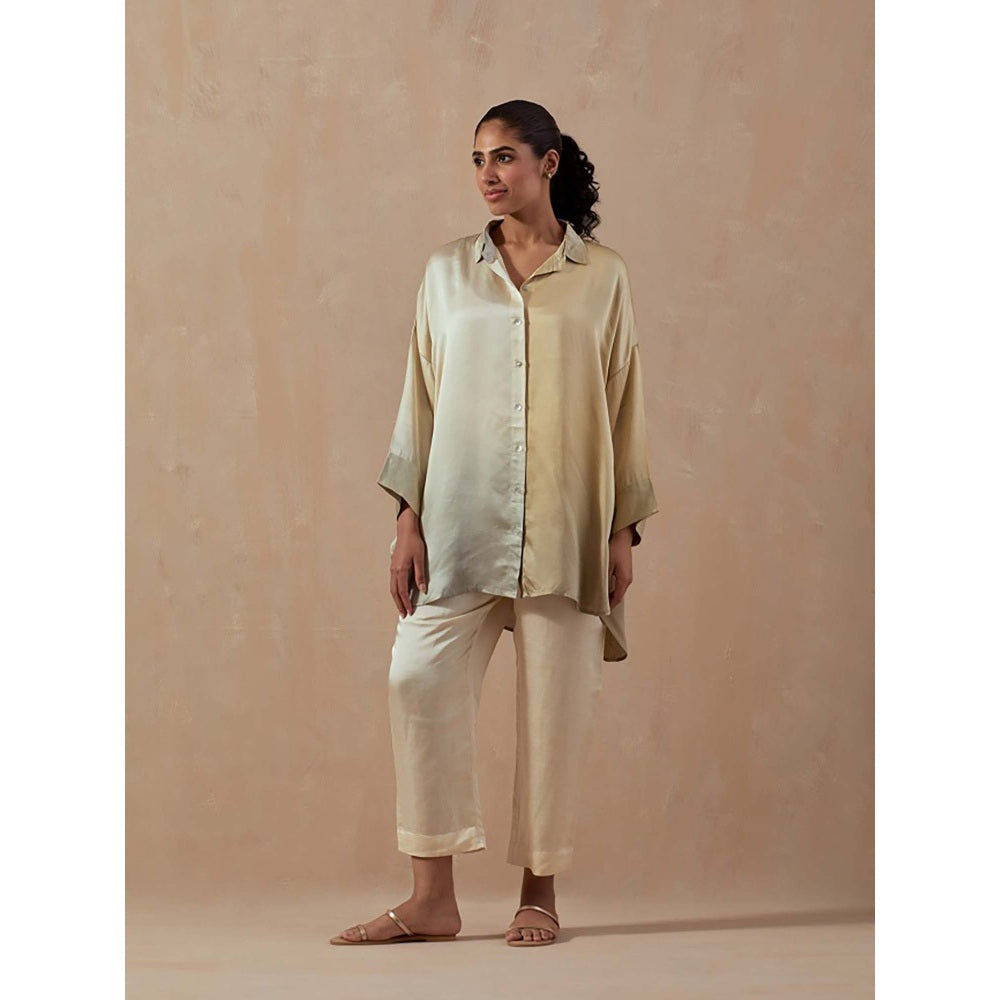 Meghna Panchmatia Ivory Ombre Satin Shirt with Pants (Set of 2)