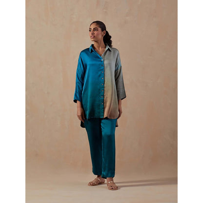Meghna Panchmatia Teal Blue Ombre Satin Shirt with Pant (Set of 2)