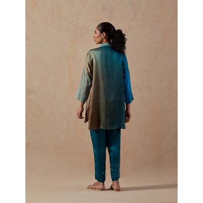 Meghna Panchmatia Teal Blue Ombre Satin Shirt with Pant (Set of 2)