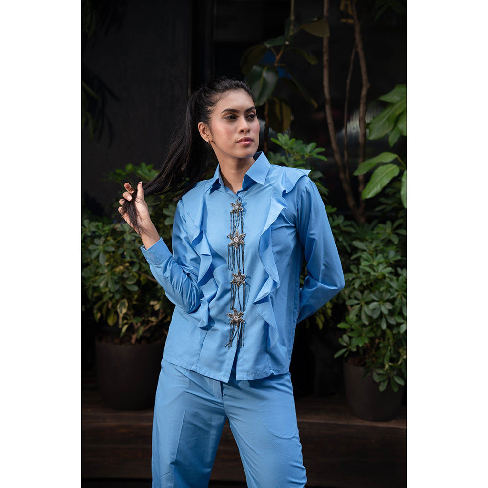MEHAK MURPANA Azure Blue Ruffle Shirt