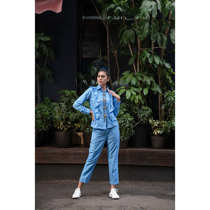 MEHAK MURPANA Azure Blue Ruffle Shirt