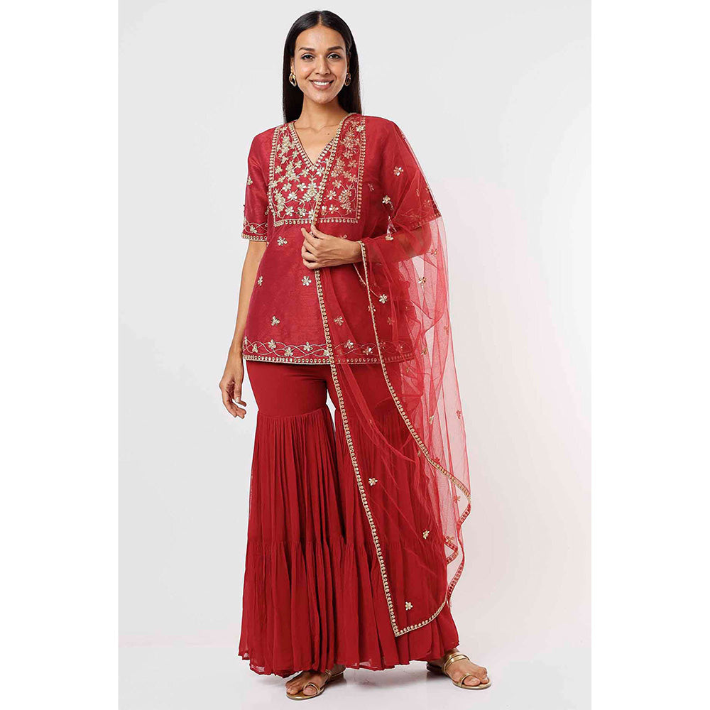 MEHAK MURPANA Raspberry Kurta and Sharara with Dupatta (Set of 3)