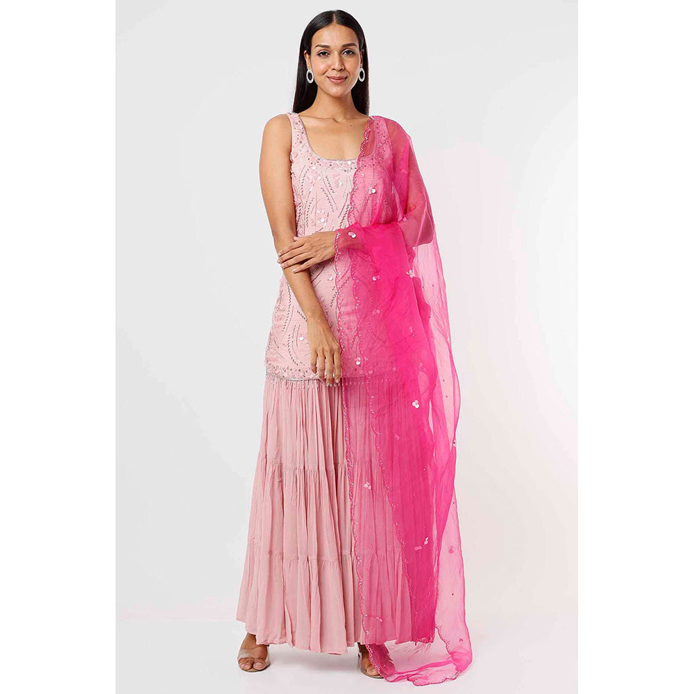 MEHAK MURPANA Rose Pink Short Kurta and Sharara with Hot Pink Dupatta (Set of 3)