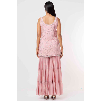 MEHAK MURPANA Rose Pink Short Kurta and Sharara with Hot Pink Dupatta (Set of 3)