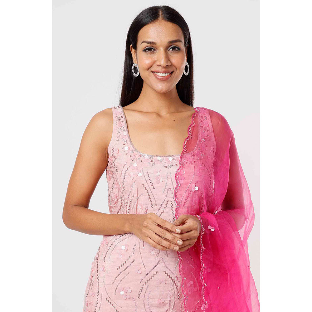 MEHAK MURPANA Rose Pink Short Kurta and Sharara with Hot Pink Dupatta (Set of 3)