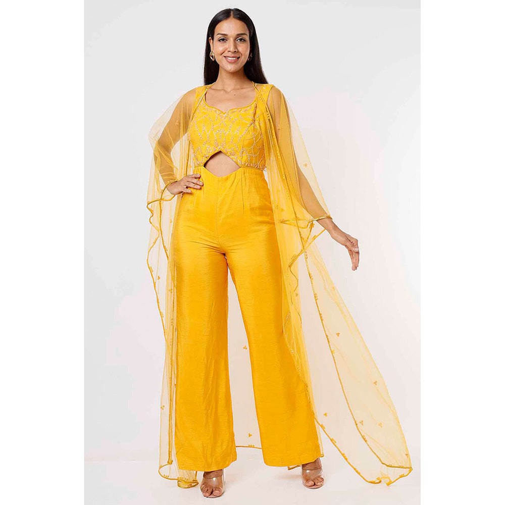 MEHAK MURPANA Yellow Embroidered Jumpsuit with Cape (Set of 2)