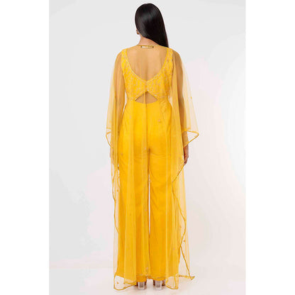 MEHAK MURPANA Yellow Embroidered Jumpsuit with Cape (Set of 2)