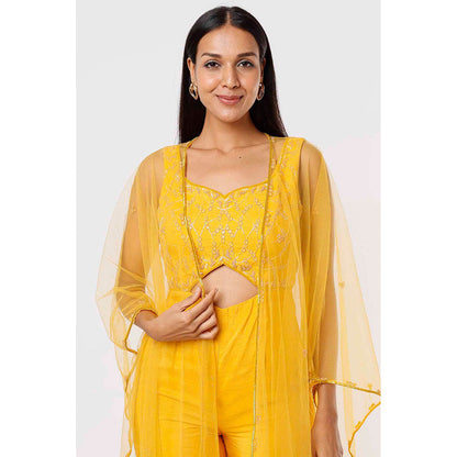 MEHAK MURPANA Yellow Embroidered Jumpsuit with Cape (Set of 2)