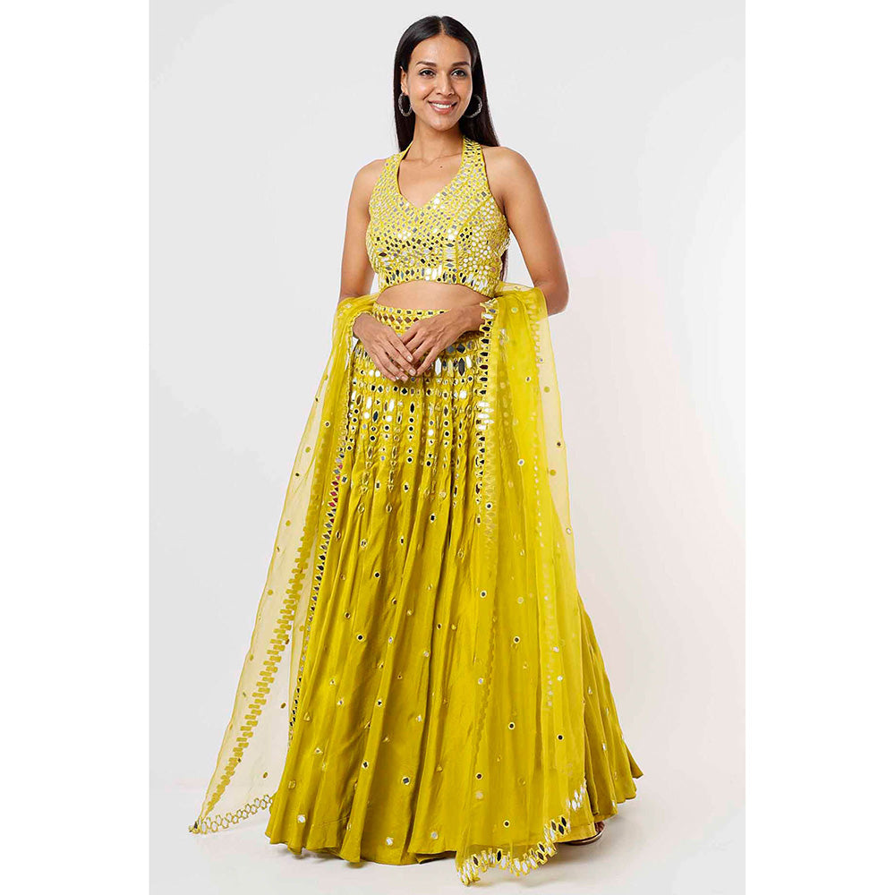 MEHAK MURPANA Lime Green Mirror Lehenga with Blouse and Dupatta (Set of 3)