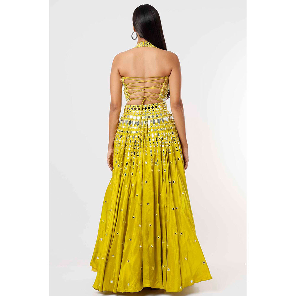 MEHAK MURPANA Lime Green Mirror Lehenga with Blouse and Dupatta (Set of 3)