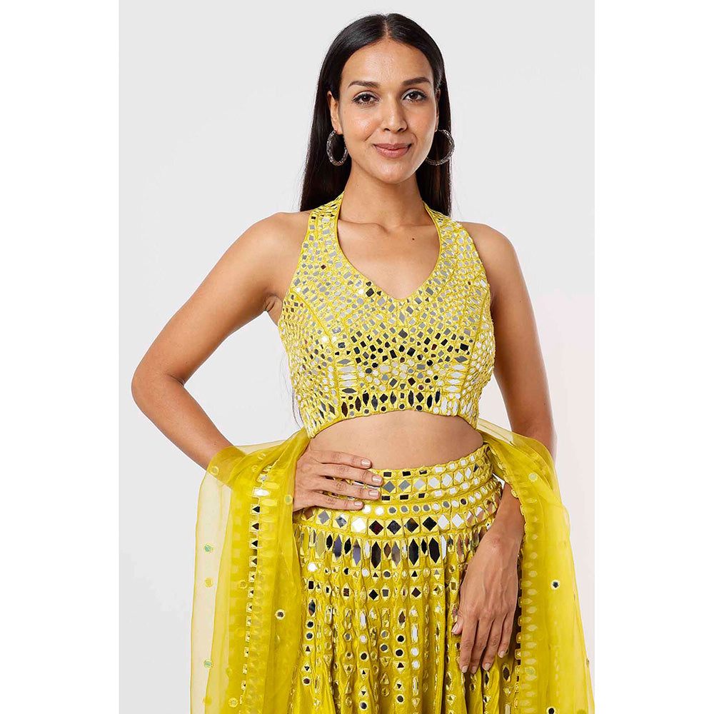 MEHAK MURPANA Lime Green Mirror Lehenga with Blouse and Dupatta (Set of 3)
