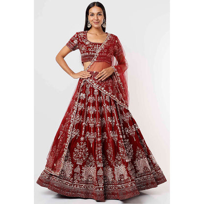 MEHAK MURPANA Velvet Red Embroidered Lehenga with Blouse and Dupatta (Set of 3)