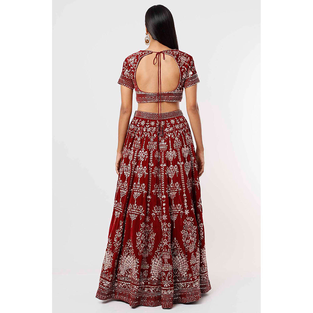 MEHAK MURPANA Velvet Red Embroidered Lehenga with Blouse and Dupatta (Set of 3)