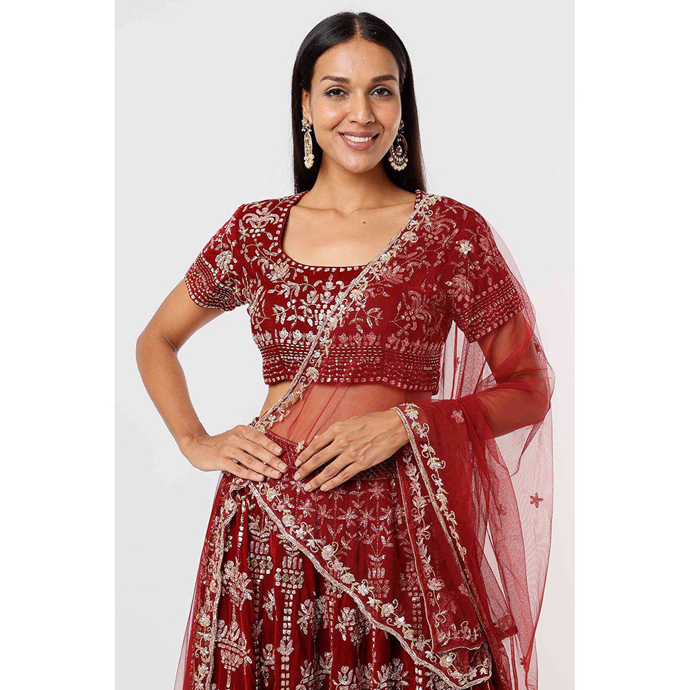 MEHAK MURPANA Velvet Red Embroidered Lehenga with Blouse and Dupatta (Set of 3)
