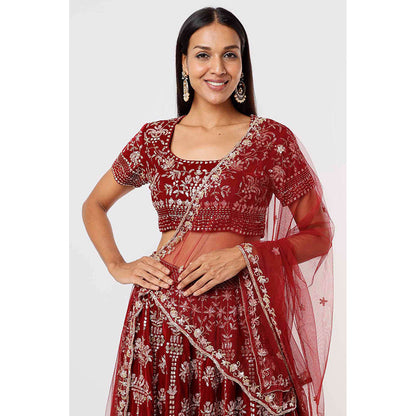MEHAK MURPANA Velvet Red Embroidered Lehenga with Blouse and Dupatta (Set of 3)