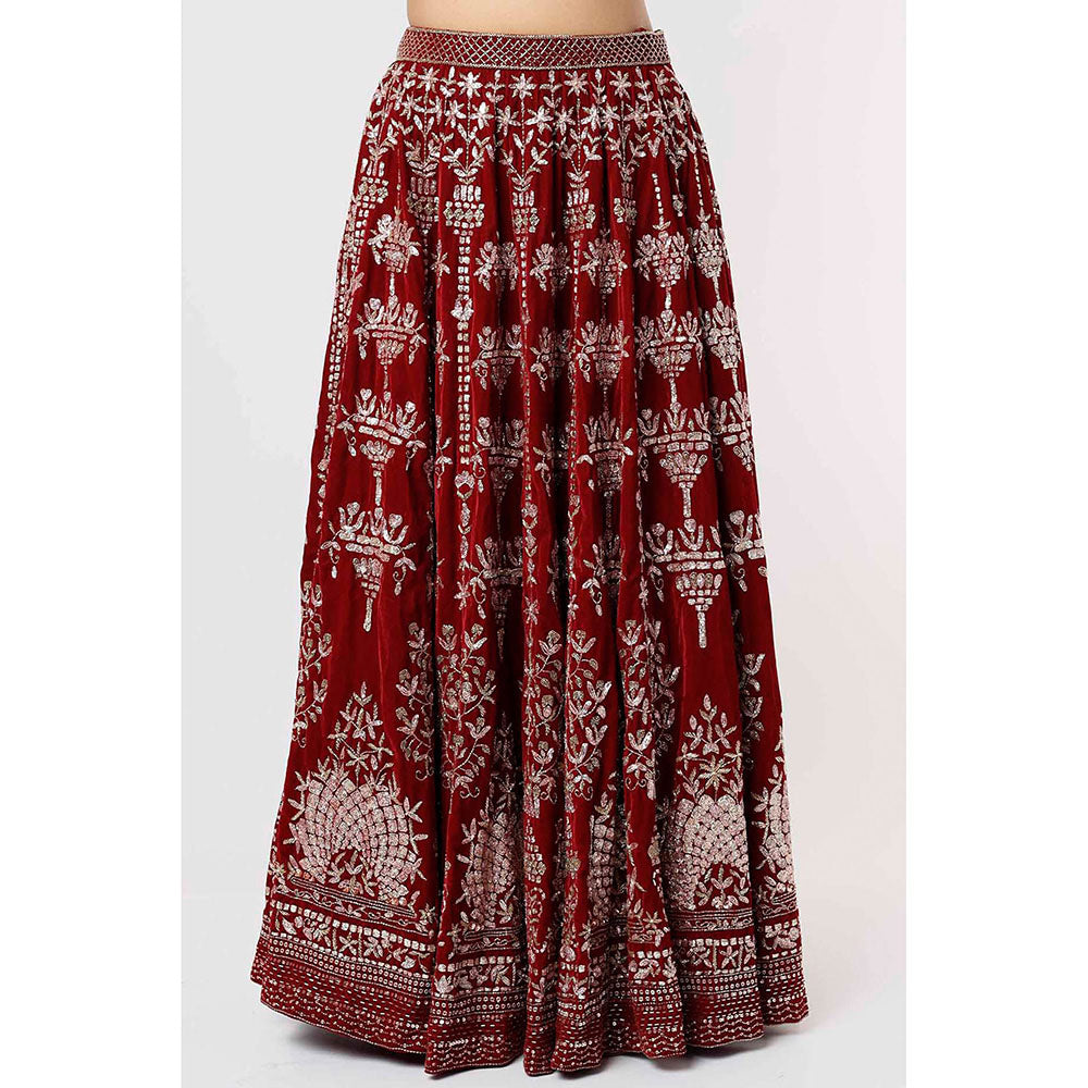 MEHAK MURPANA Velvet Red Embroidered Lehenga with Blouse and Dupatta (Set of 3)