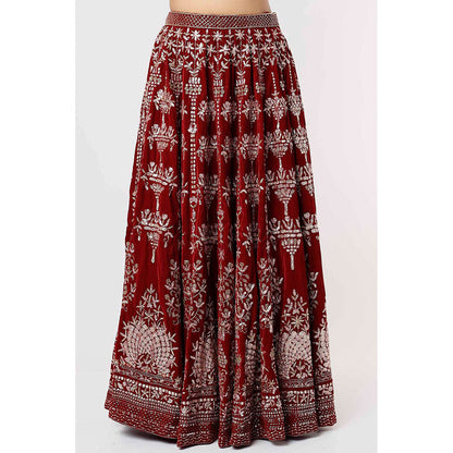 MEHAK MURPANA Velvet Red Embroidered Lehenga with Blouse and Dupatta (Set of 3)