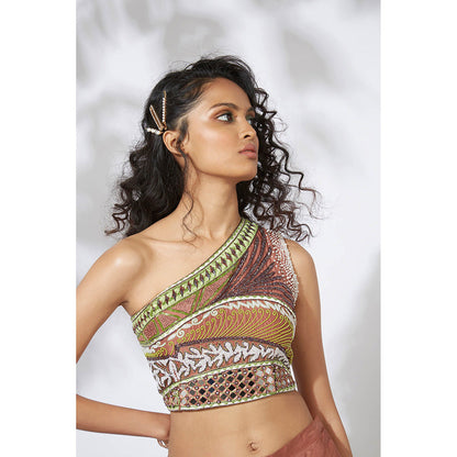 MEHAK MURPANA Burnt Brown Skirt with Embroidered Crop Top (Set of 2)