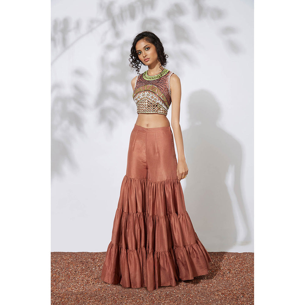 MEHAK MURPANA Burnt Brown Sharara with Embroidered Crop Top (Set of 2)