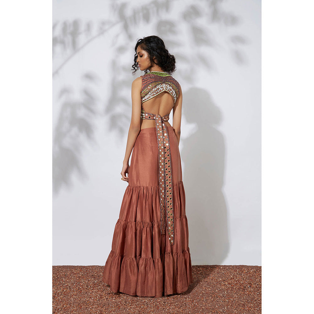 MEHAK MURPANA Burnt Brown Sharara with Embroidered Crop Top (Set of 2)