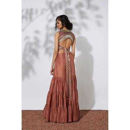MEHAK MURPANA Burnt Brown Sharara with Embroidered Crop Top (Set of 2)