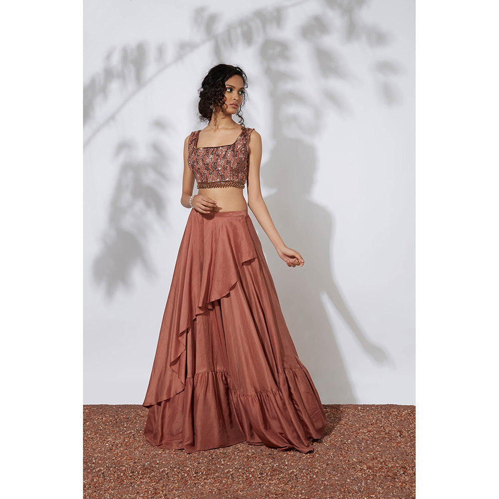 MEHAK MURPANA Burnt Orange Lehenga with Embroidered Blouse (Set of 2)