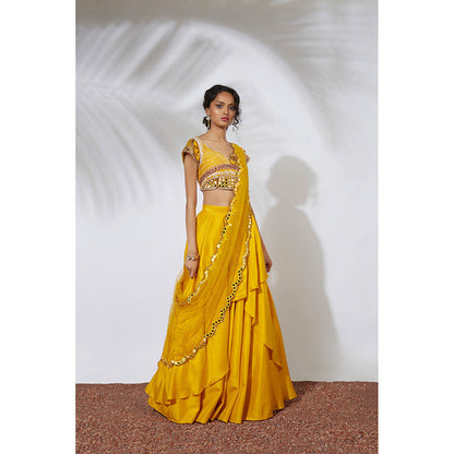 MEHAK MURPANA Yellow Lehenga with Embroidered Choli & Dupatta (Set of 3)
