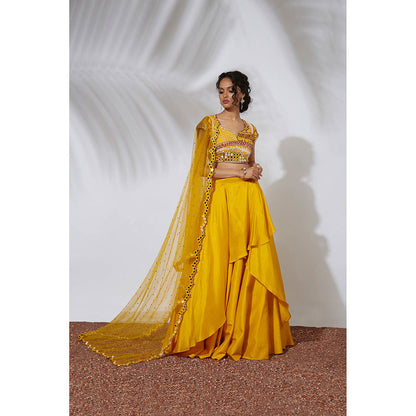 MEHAK MURPANA Yellow Lehenga with Embroidered Choli & Dupatta (Set of 3)