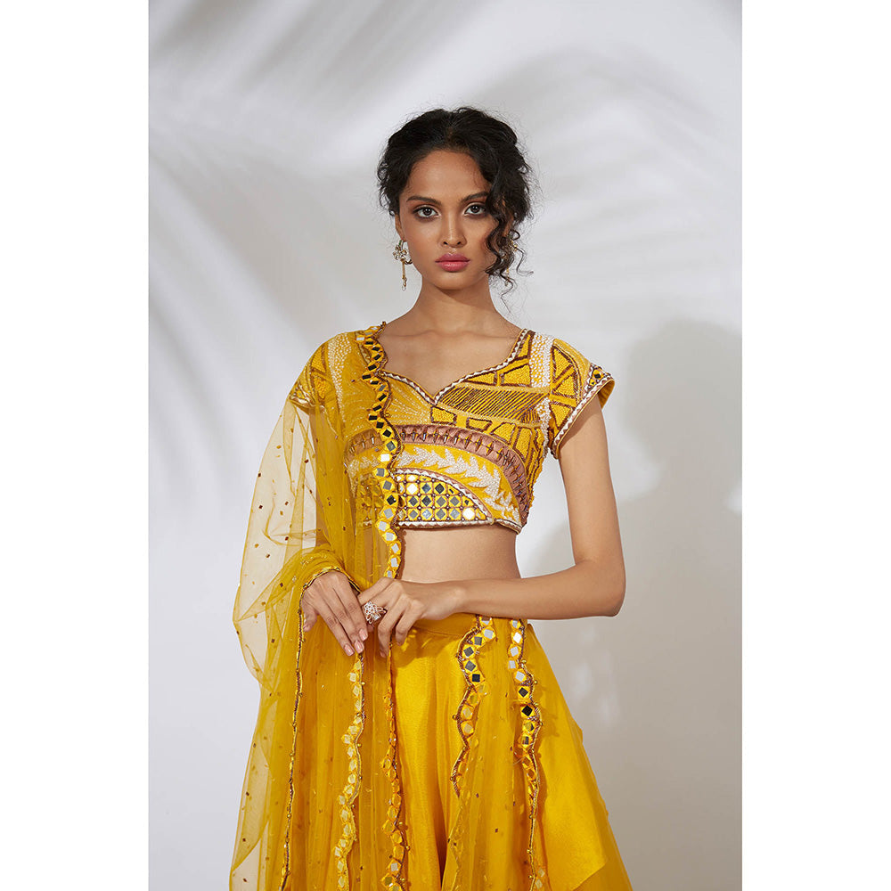 MEHAK MURPANA Yellow Lehenga with Embroidered Choli & Dupatta (Set of 3)