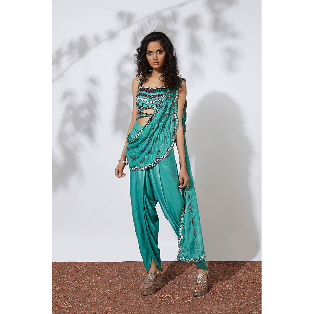 MEHAK MURPANA Aqua Blue Dhoti Pants Sari with Embroidered Choli and Dupatta (Set of 3)