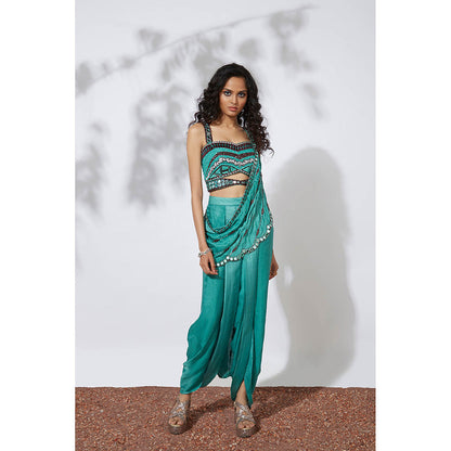 MEHAK MURPANA Aqua Blue Dhoti Pants Sari with Embroidered Choli and Dupatta (Set of 3)