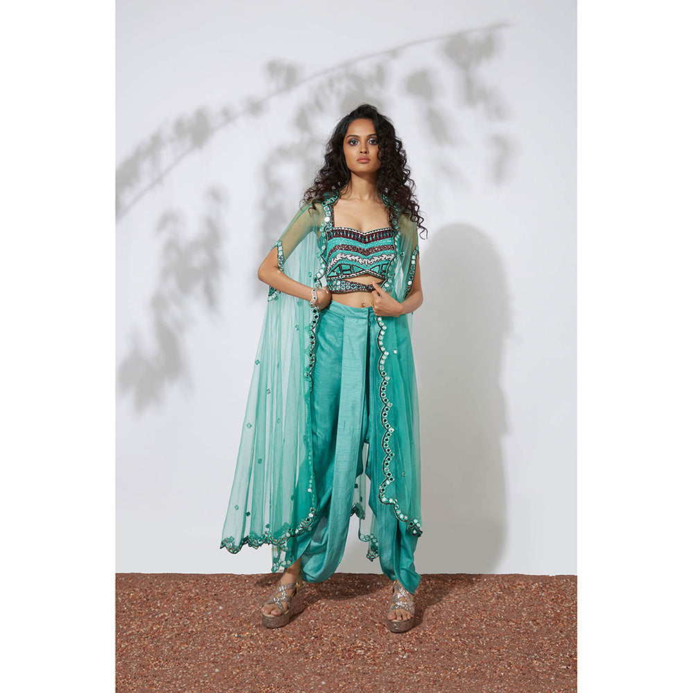 MEHAK MURPANA Aqua Dhoti Pants with Embroidered Choli & Net Cape (Set of 3)