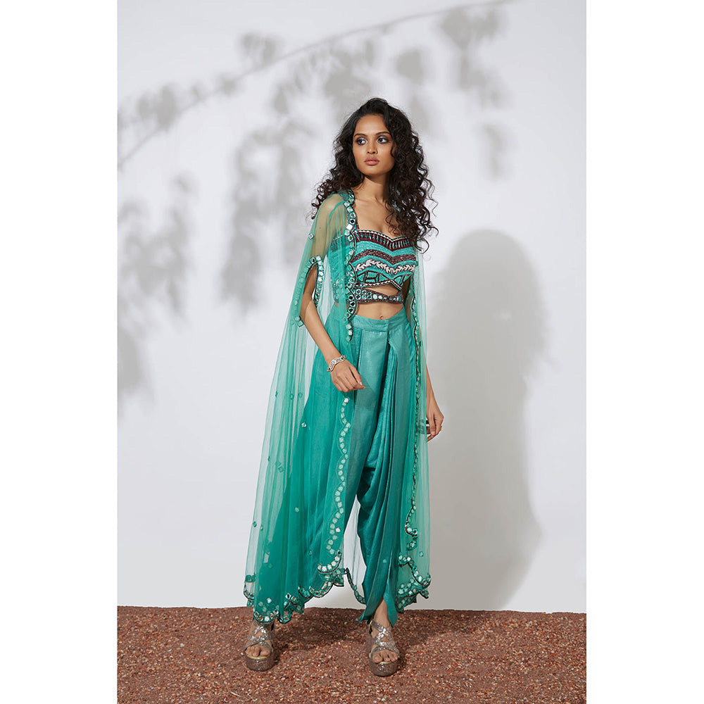 MEHAK MURPANA Aqua Dhoti Pants with Embroidered Choli & Net Cape (Set of 3)